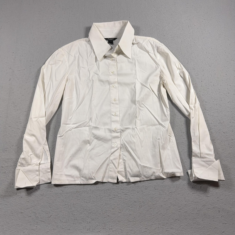 St. John Caviar Shirt Womens 6 White Button Up Long Sleeve Stretch Top
